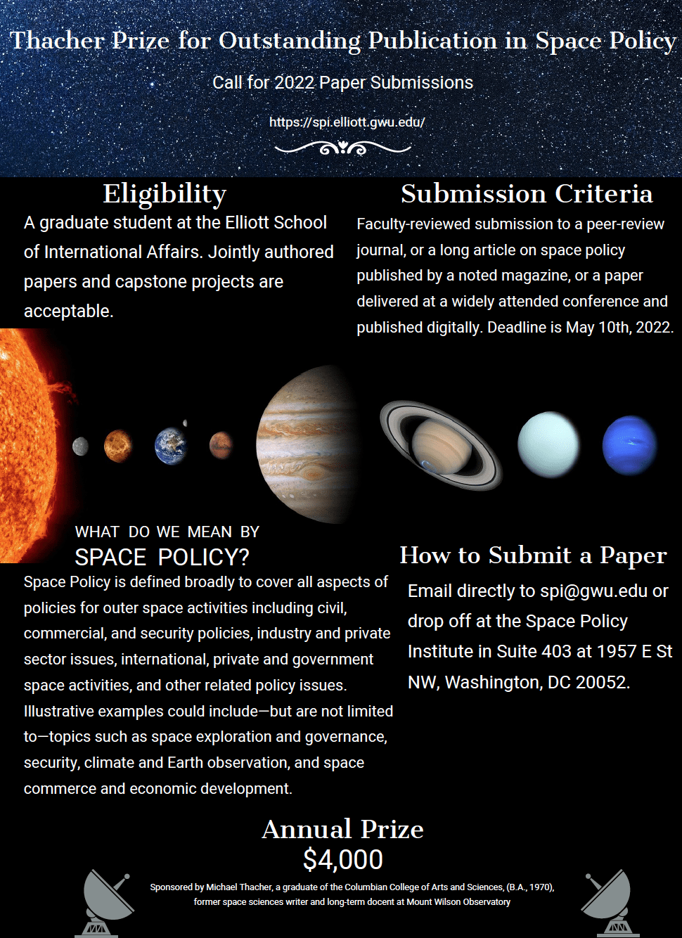 Image announcing Thacher Prize for Outstanding Publication in Space Policy