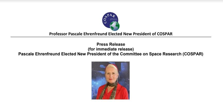 Picture of SPI Research Professor Pascale Ehrenfreund and announcement that she's been elected the new president of COSPAR