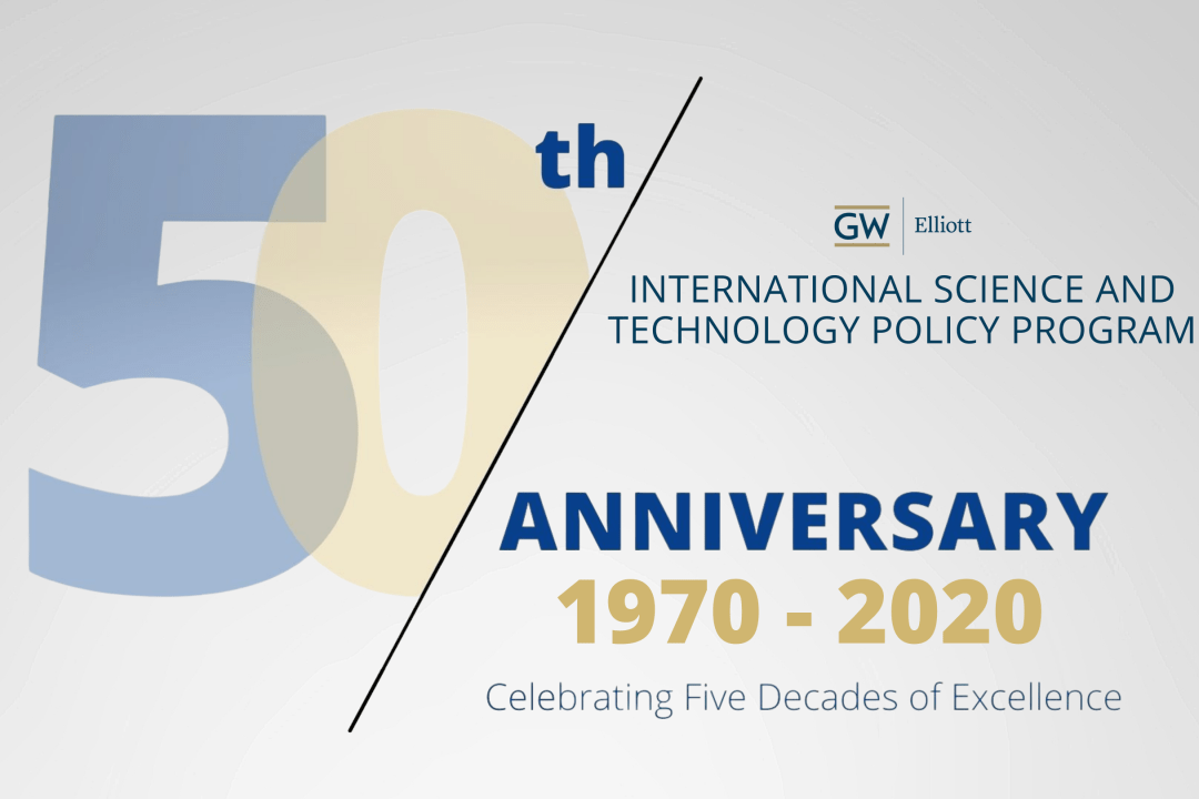 Graphic announcing the 50th anniversary 1970-2020 of the International Science and Technology Policy Program at GW's Elliott School. Celebrating five decades of excellence.